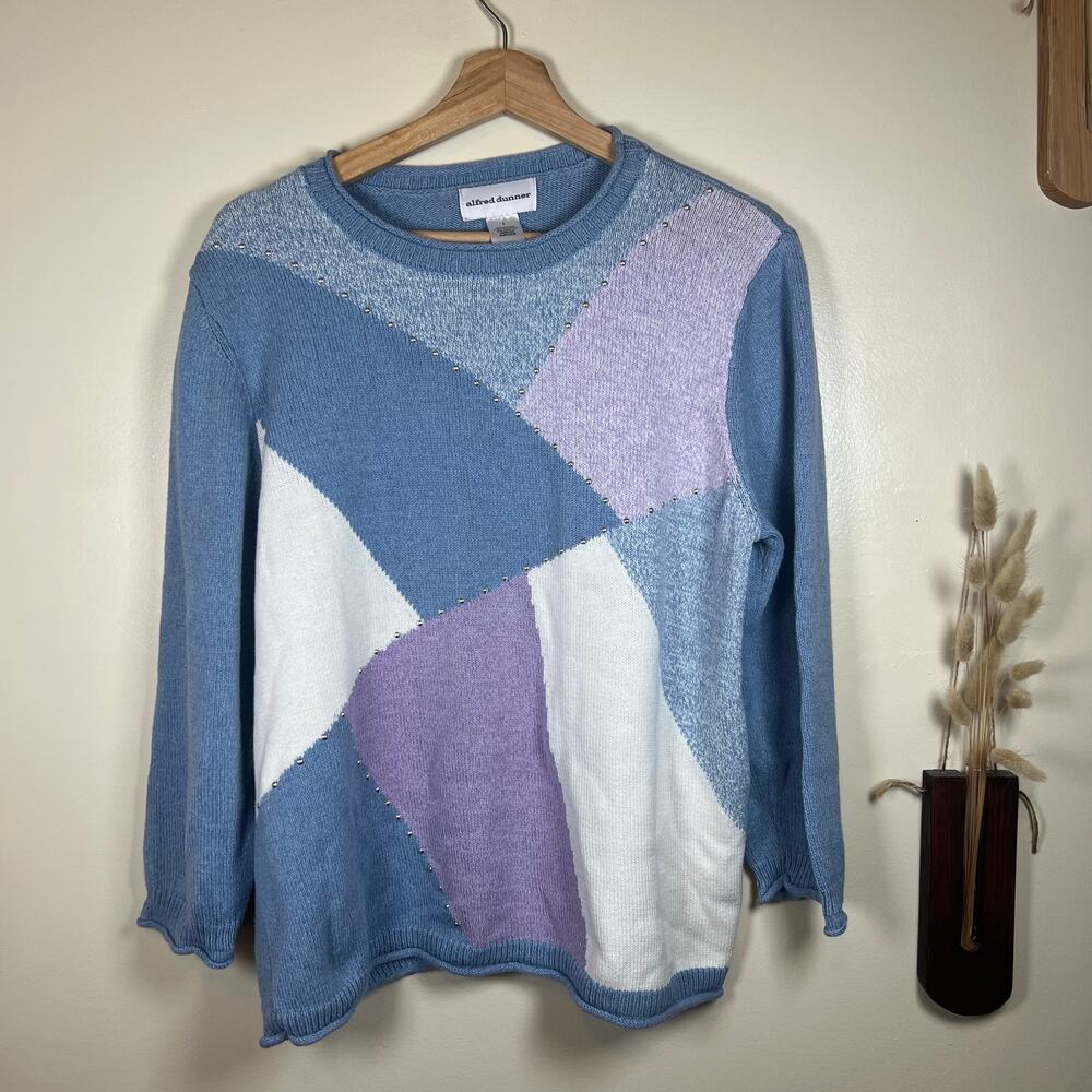 Women's Lrg Alfred Dunner Victoria Falls Crewneck 3/4 Sleeve Colorblock Sweater